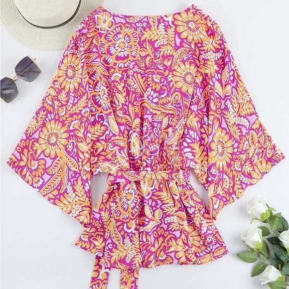 Boho Floral Print Belted Surplice Blouse Bohemian Top - Picture 9 of 15